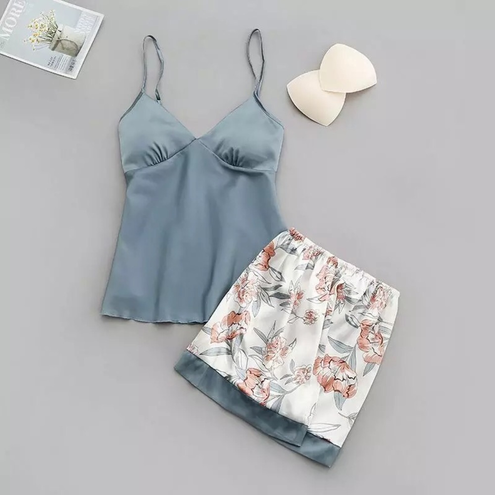 Blue satin flowery sleepwear